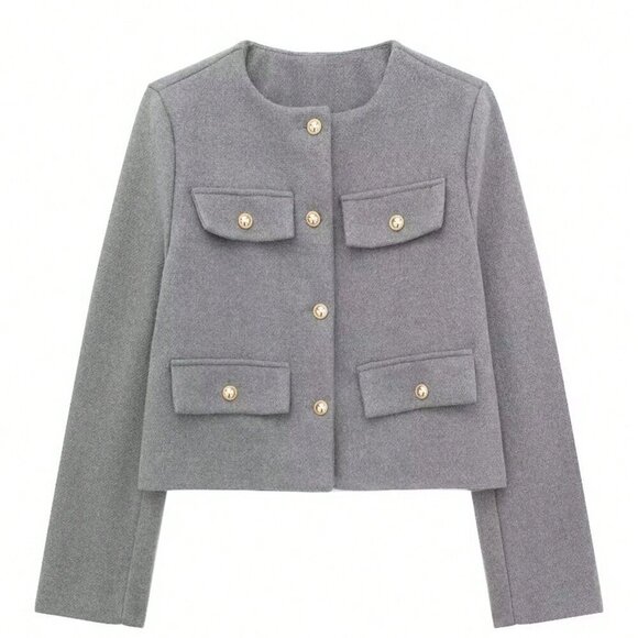 Jackets & Blazers - Grey Casual Women's Tweed Jacket Round Neckline Decorated Long Sleeves Coat